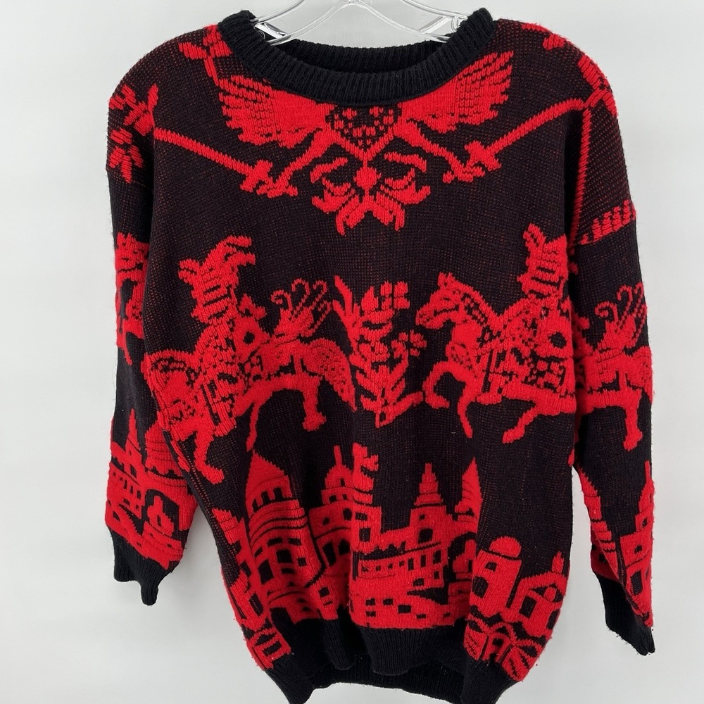 VTG 80s abstract pattern Geometric black & red adele knitwear S sweater USA MADE